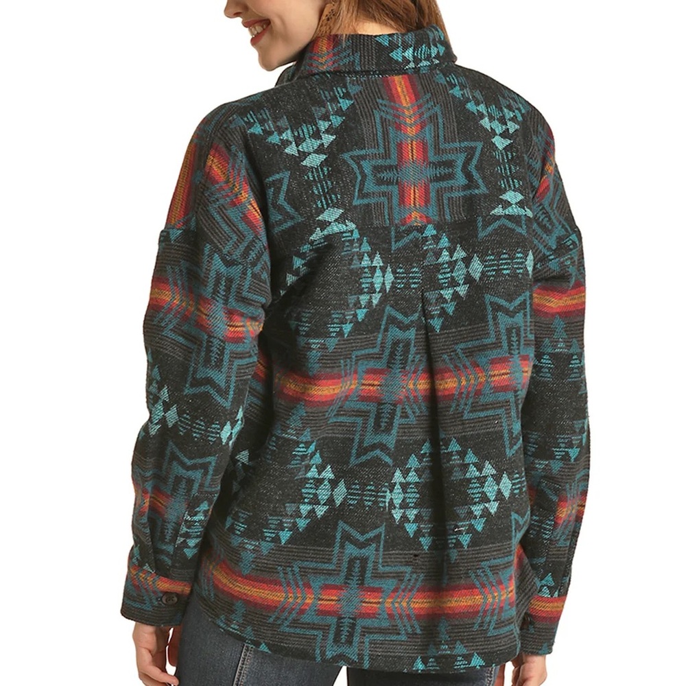 Rock & Roll Denim Western Aztec Button-Up Shirt Jacket, Size L Shacket Cowgirl - Picture 2 of 10